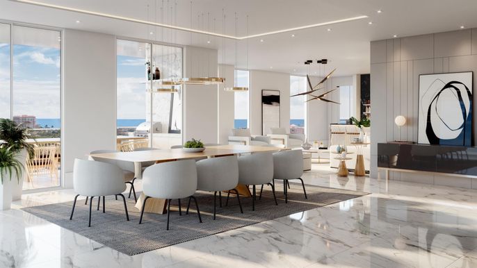 Dining room, Interior, Marble, Pendant Lights, Recessed Lighting, Water