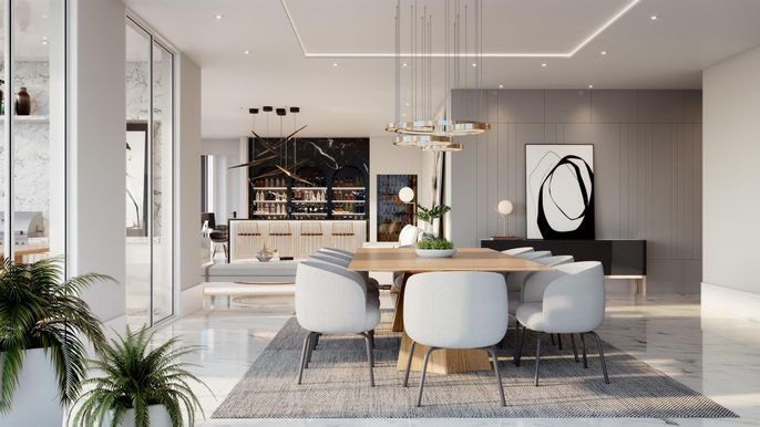 Dining room, Interior, Marble, Pendant Lights, Recessed Lighting, Wine Storage