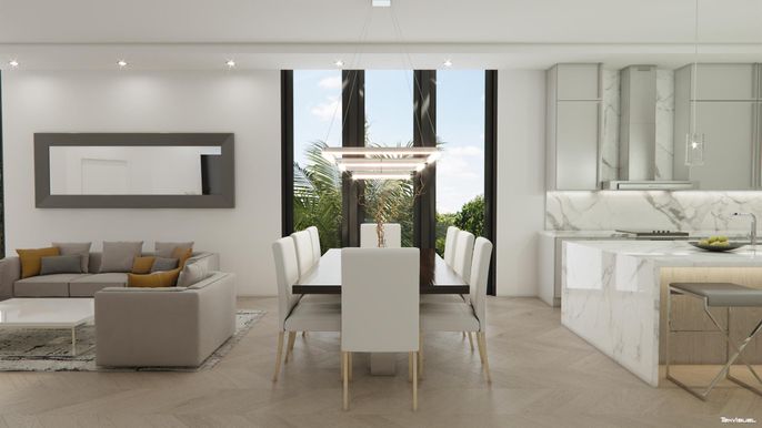 Dining room, Interior, Living room, Marble Walls, Pendant Lights, Recessed Lighting, Wood Texture Flooring