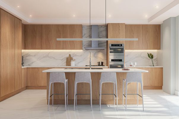 Interior, Kitchen, Marble, Marble Walls, Recessed Lighting, Stainless Steel Appliances