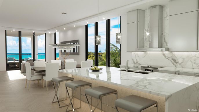 Dining room, Interior, Kitchen, Marble Walls, Pendant Lights, Recessed Lighting, Stainless Steel Appliances, Water