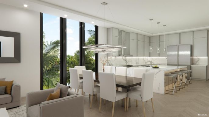 Dining room, Interior, Kitchen, Marble Walls, Pendant Lights, Recessed Lighting, Stainless Steel Appliances, Wood Texture Flooring
