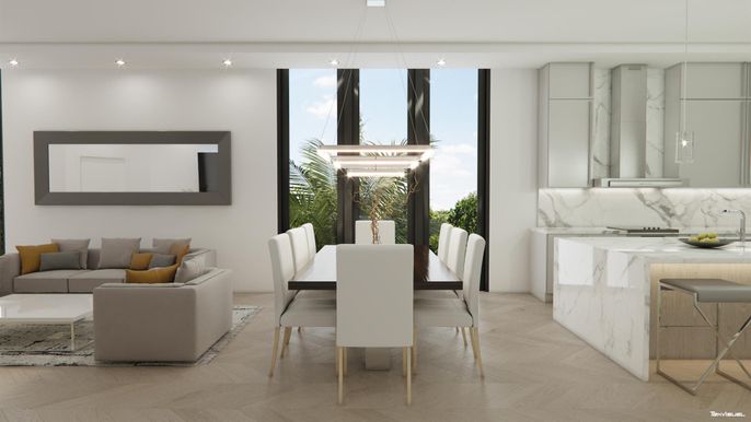Dining room, Interior, Living room, Marble Walls, Pendant Lights, Recessed Lighting, Wood Texture Flooring
