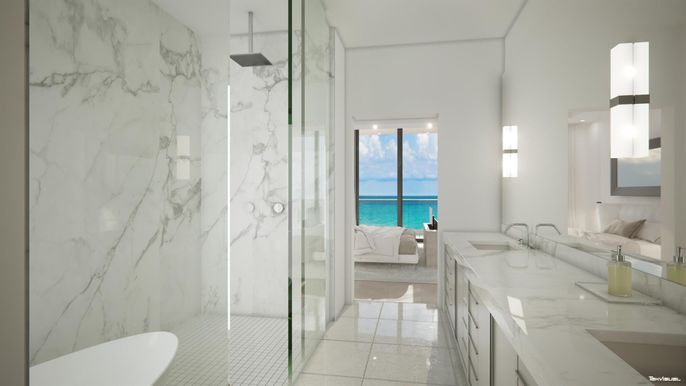 Bathroom, Dual Sink Vanities, Glass Shower, Interior, Marble Walls, Water