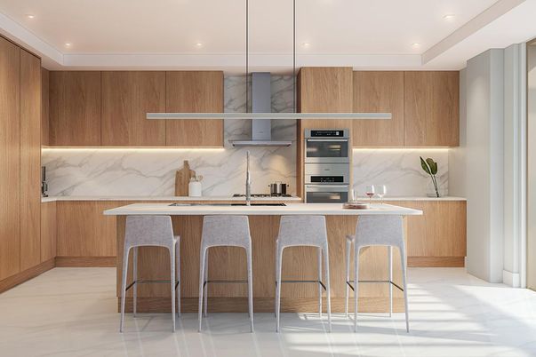 Interior, Kitchen, Marble, Marble Walls, Recessed Lighting, Stainless Steel Appliances
