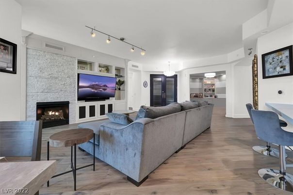 Dining room, Fireplace, Interior, Living room, Pendant Lights, Stone Walls, Wood Texture Flooring