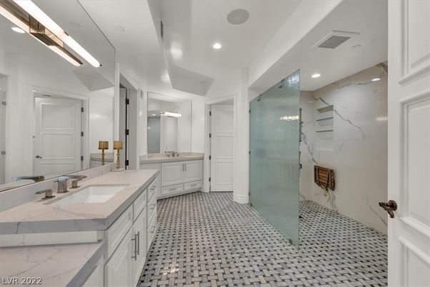 Bathroom, Dual Sink Vanities, Glass Shower, Interior, Marble Walls, Recessed Lighting