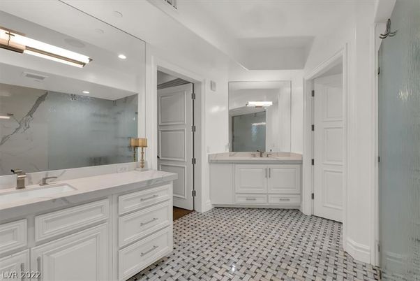 Bathroom, Dual Sink Vanities, Glass Shower, Interior, Marble Walls, Recessed Lighting