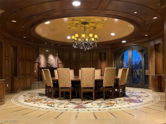 Chandelier, Dining room, Interior, Recessed Lighting, Wood Texture Flooring