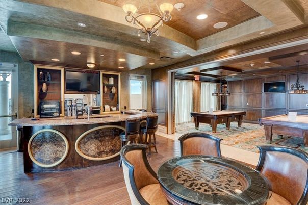 Billiard Table, Chandelier, Game Room, Interior, Pendant Lights, Recessed Lighting, Wooden Beams, Wood Texture Flooring