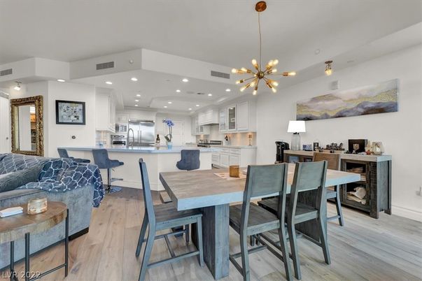Dining room, Interior, Kitchen, Pendant Lights, Recessed Lighting, Stainless Steel Appliances, Wood Texture Flooring