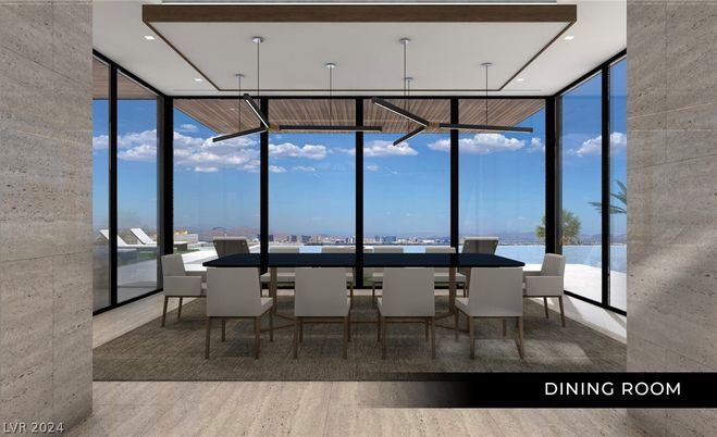 Dining room, Interior, Pendant Lights, Recessed Lighting, Wood Texture Flooring