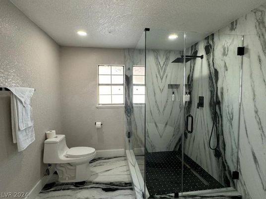 Bathroom, Glass Shower, Interior, Marble, Marble Walls, Recessed Lighting