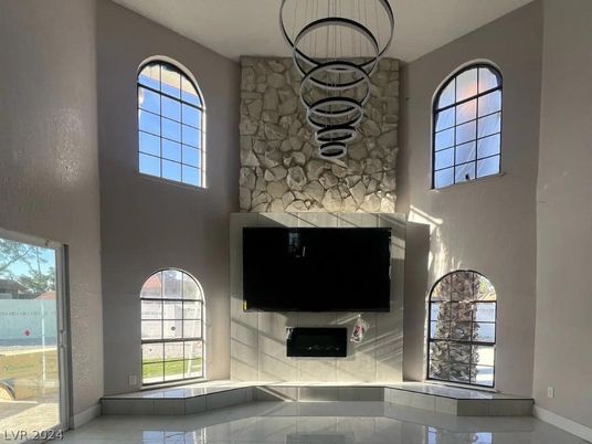 Fireplace, Interior, Pendant Lights, Stone Walls