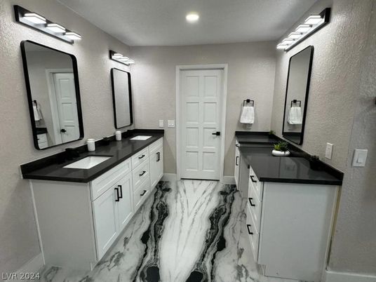 Bathroom, Dual Sink Vanities, Interior, Marble, Recessed Lighting