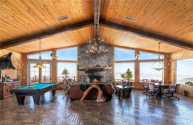 Billiard Table, Dining room, Fireplace, Game Room, Interior, Living room, Pendant Lights, Stone Walls, Wooden Beams, Wooden Ceilings, Wood Texture Flooring