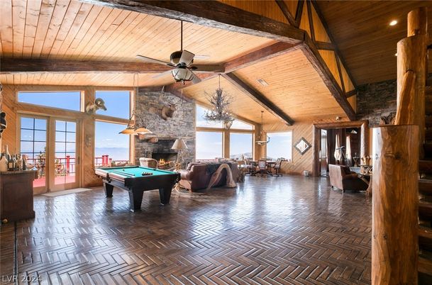 Billiard Table, Dining room, Fireplace, Game Room, Interior, Living room, Pendant Lights, Stone Walls, Wooden Beams, Wooden Ceilings, Wood Texture Flooring