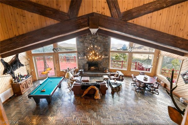 Billiard Table, Dining room, Fireplace, Game Room, Interior, Living room, Wooden Beams, Wooden Ceilings