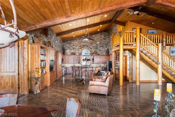 Interior, Kitchen, Recessed Lighting, Stone Walls, Wooden Beams, Wooden Ceilings, Wood Texture Flooring