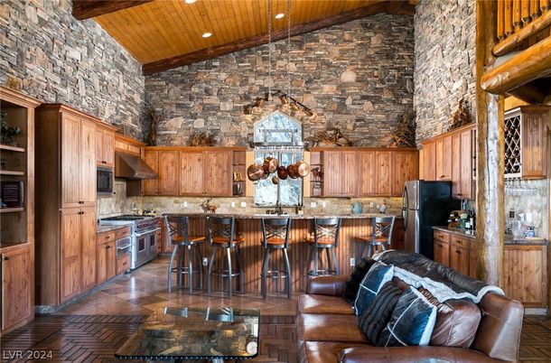 Interior, Kitchen, Pendant Lights, Recessed Lighting, Stainless Steel Appliances, Stone Walls, Wooden Beams, Wooden Ceilings, Wood Texture Flooring