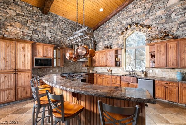 Interior, Kitchen, Pendant Lights, Recessed Lighting, Stainless Steel Appliances, Stone Walls, Wooden Beams, Wooden Ceilings