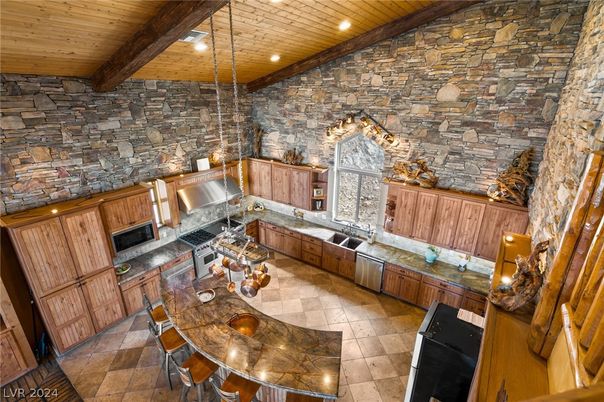 Interior, Kitchen, Pendant Lights, Recessed Lighting, Stainless Steel Appliances, Stone Walls, Wooden Beams, Wooden Ceilings
