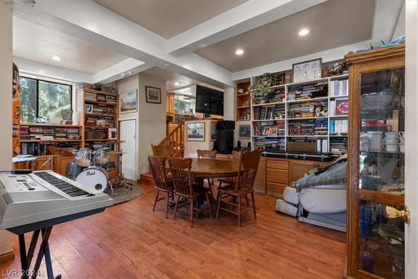 Dining room, Interior, Piano, Recessed Lighting, Wood Texture Flooring