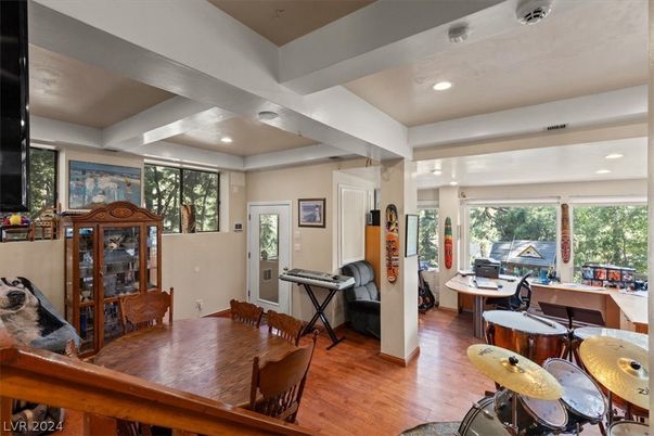 Dining room, Interior, Recessed Lighting, Wood Texture Flooring