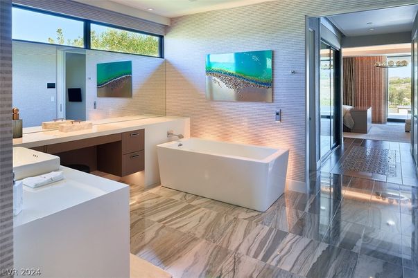 Bathroom, Dual Sink Vanities, Free Standing Baths, Interior, Marble, Recessed Lighting