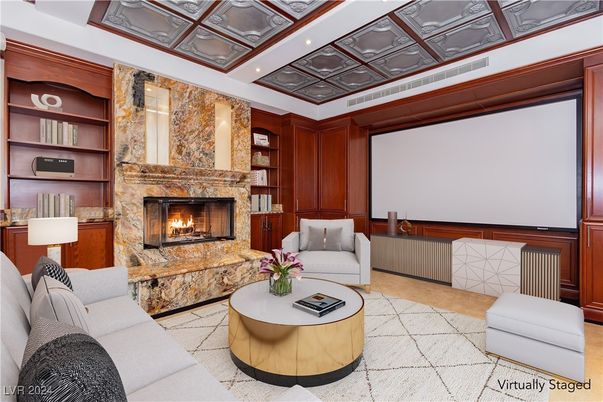 Fireplace, Interior, Living room, Projection Screen, Recessed Lighting