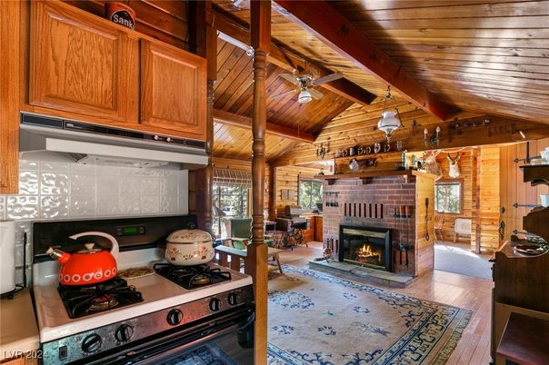 Fireplace, Interior, Kitchen, Pendant Lights, Stone Walls, Wooden Beams, Wooden Ceilings, Wood Texture Flooring, Wooden Walls