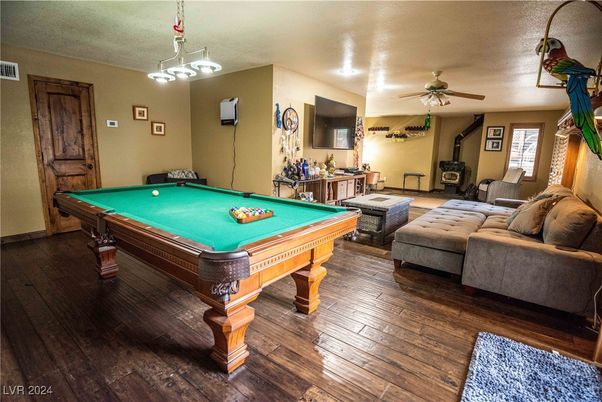 Billiard Table, Game Room, Interior, Pendant Lights, Wood Texture Flooring