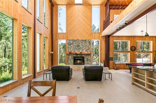 Billiard Table, Fireplace, Game Room, Interior, Pendant Lights, Wooden Beams, Wooden Ceilings, Wooden Walls
