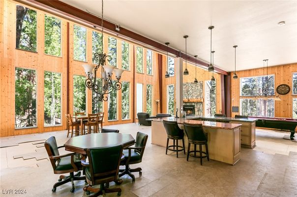 Dining room, Fireplace, Interior, Pendant Lights, Wooden Walls