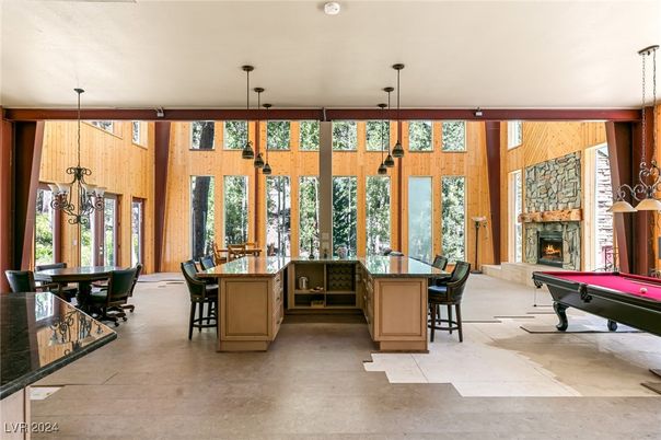 Billiard Table, Dining room, Fireplace, Interior, Pendant Lights, Wooden Walls