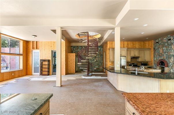 Fireplace, Interior, Kitchen, Recessed Lighting, Stainless Steel Appliances, Stone Walls, Wooden Walls
