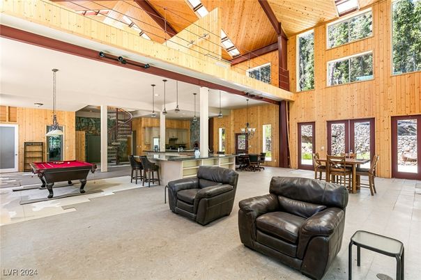 Billiard Table, Dining room, Fireplace, Game Room, Interior, Kitchen, Pendant Lights, Wooden Beams, Wooden Ceilings, Wooden Walls