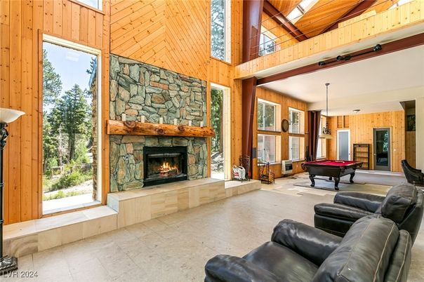 Billiard Table, Fireplace, Game Room, Interior, Living room, Pendant Lights, Stone Walls, Wooden Beams, Wooden Ceilings, Wooden Walls