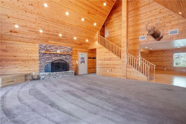 Empty room, Fireplace, Interior, Recessed Lighting, Wooden Ceilings, Wood Texture Flooring, Wooden Walls