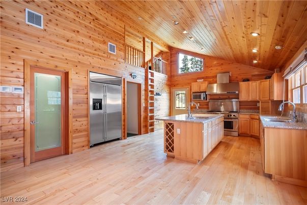 Interior, Kitchen, Recessed Lighting, Stainless Steel Appliances, Wooden Ceilings, Wood Texture Flooring, Wooden Walls