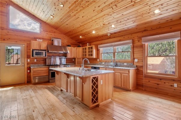 Interior, Kitchen, Recessed Lighting, Stainless Steel Appliances, Wooden Ceilings, Wood Texture Flooring, Wooden Walls