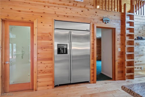 Interior, Kitchen, Stainless Steel Appliances, Wood Texture Flooring, Wooden Walls