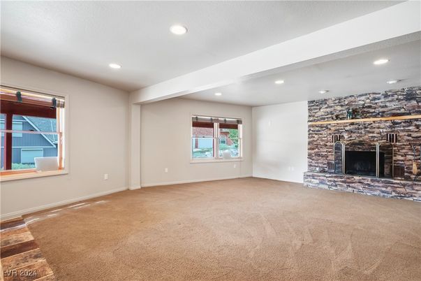 Empty room, Fireplace, Interior, Recessed Lighting, Stone Walls