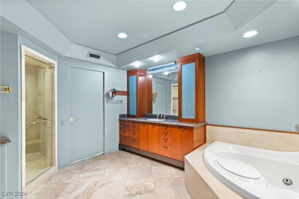 Bathroom, Dual Sink Vanities, Glass Shower, Interior, Recessed Lighting