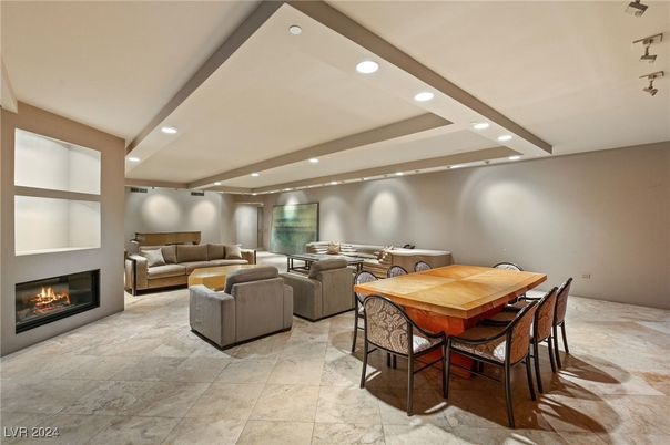 Dining room, Fireplace, Interior, Living room, Recessed Lighting