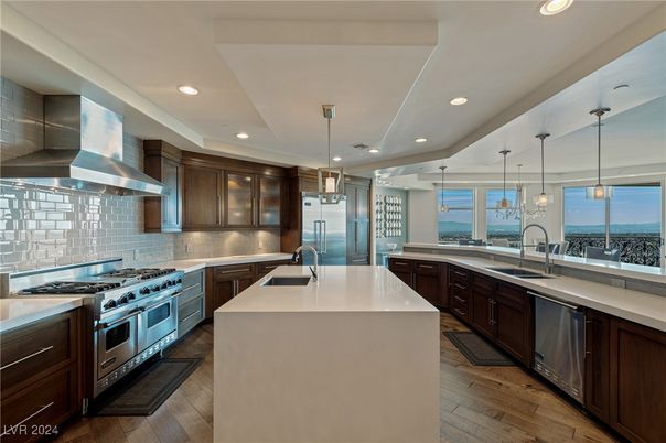 Interior, Kitchen, Pendant Lights, Recessed Lighting, Stainless Steel Appliances, Water, Wood Texture Flooring