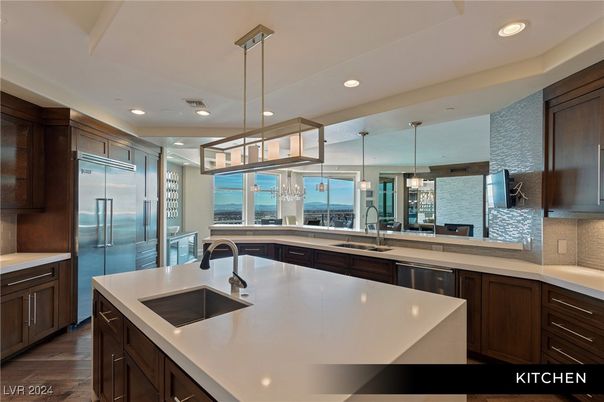 Interior, Kitchen, Pendant Lights, Recessed Lighting, Stainless Steel Appliances, Water, Wood Texture Flooring