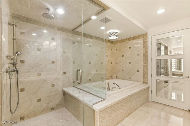 Bathroom, Glass Shower, Interior, Marble Walls, Recessed Lighting