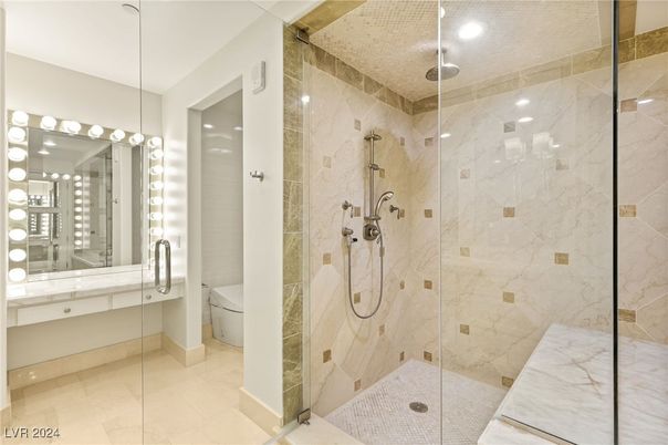Bathroom, Glass Shower, Interior, Marble Walls, Recessed Lighting
