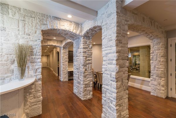Interior, Recessed Lighting, Stone Walls, Wood Texture Flooring